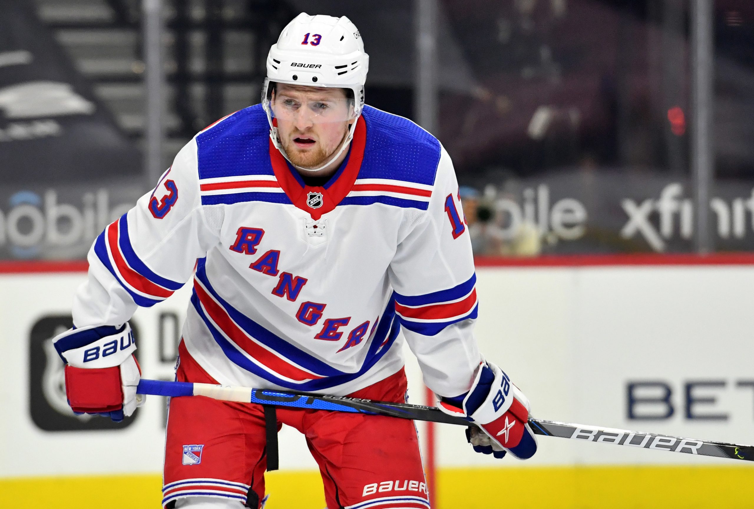 Feb 18, 2021; Philadelphia, Pennsylvania, USA; New York Rangers left wing Alexis Lafreniere (13) during the first period against the Philadelphia Flyers at Wells Fargo Center. Mandatory Credit: Eric Hartline-USA TODAY Sports
